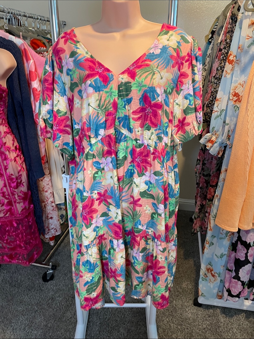 Floral V-Neck Tiered Sundress with Bubble Sleeves and pockets Pink, Green & Blue